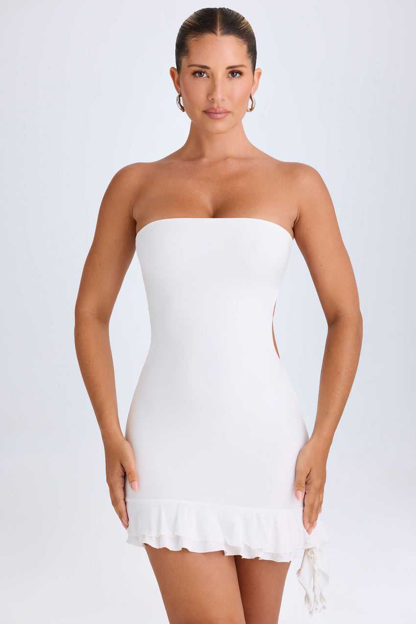 Ruffle-Trim Cut-Out Bandeau Mini Dress in White
