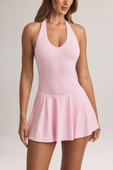 Modal Halterneck A-Line Mini Dress in Pastel Pink