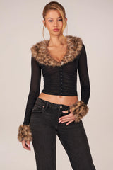 Faux Fur-Trim Sheer Mesh Cardigan in Black