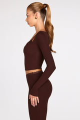Ribbed Modal Long-Sleeve Laced Bra Top in Chocolate Brown