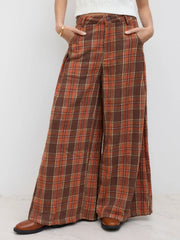 Flannel Check Button Wide Leg Trousers