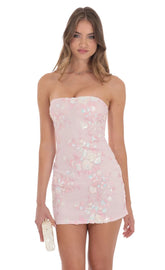 Strapless Floral Sequin Bodycon Dress in Pink