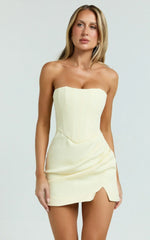 Avery Mini Dress Strapless Corset Bodice Draped Dress in Lemon