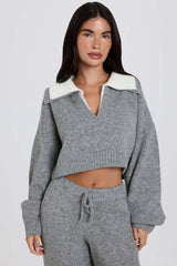Soft Knit Layered Collar Cropped Jumper in Grey