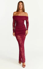 Juliet Maxi Dress - Off Shoulder Long Sleeve Ruched Overlay Lace Dress in Wine