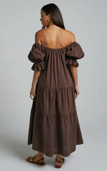 Zaharrah Midi Dress - Tiered Dress in Chocolate Linen Look