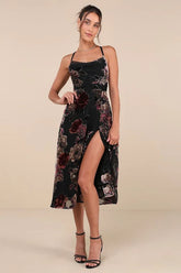 Exuberant Vibes Black Floral Velvet Burnout Tie-Back Midi Dress