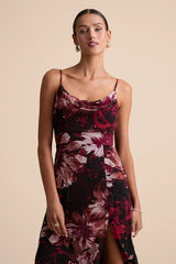Flowery Passion Burgundy Floral Print Cowl Neck Midi Dress