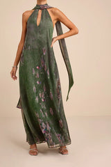 Calixta Green Abstract Chiffon Sash Shift Maxi Dress