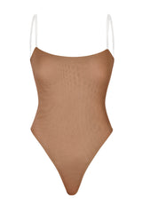 Soft Mesh Invisible Strap Thong Bodysuit in Honey