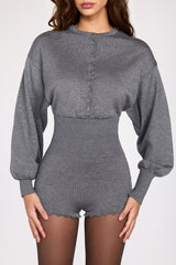 Fine-Knit Long-Sleeve Romper in Grey