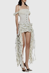 Juricn Halter Corset Ruffle Fringe Mini Dress - Beige