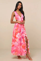 Elisanna Pink Multi Floral Lace-Up Midi Dress