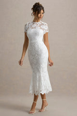 Clarissa | White Lace Short-Sleeve Pleated Midi Dress
