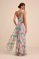 Mikesha Pink Multi Abstract One-Shoulder Sash Maxi Dress