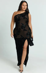 Shelby Maxi Dress - One Shoulder Rosette Fitted Applique Dress in Black
