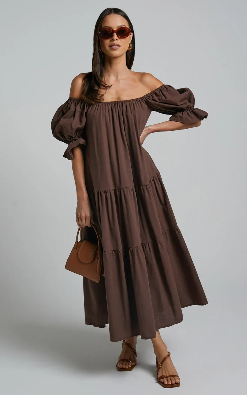 Zaharrah Midi Dress - Tiered Dress in Chocolate Linen Look
