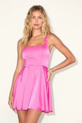 Admirably Chic Hot Pink Satin Lace-Up Mini Dress With Pockets