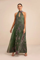 Calixta Green Abstract Chiffon Sash Shift Maxi Dress