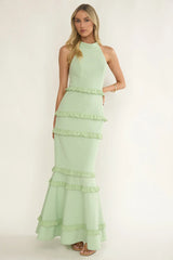 Haze Frill Trim Halterneck Maxi Dress Sage