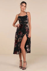 Exuberant Vibes Black Floral Velvet Burnout Tie-Back Midi Dress