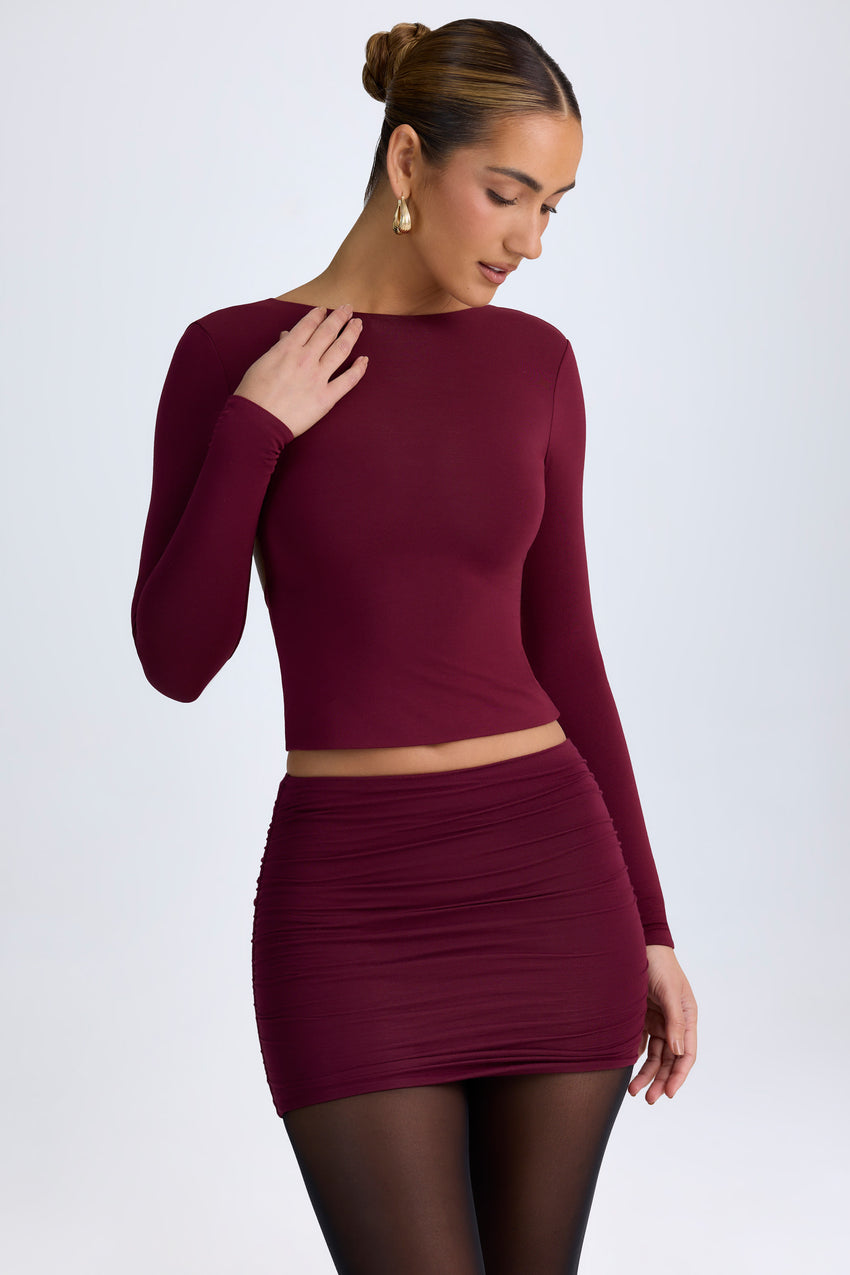 Modal High Neck Long Sleeve Open Back Top in Wine Red