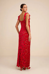 Ramsey Red Embroidered Tie-Strap Maxi Dress