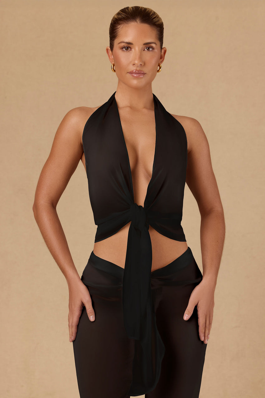 Tie-Front Halterneck Crop Top in Black