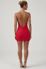 Ruched Backless Bodycon Mini Dress in Red
