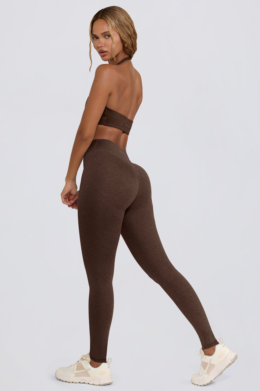 Brushed Jersey Ruched Mid-Rise Leggings in Pecan Marl